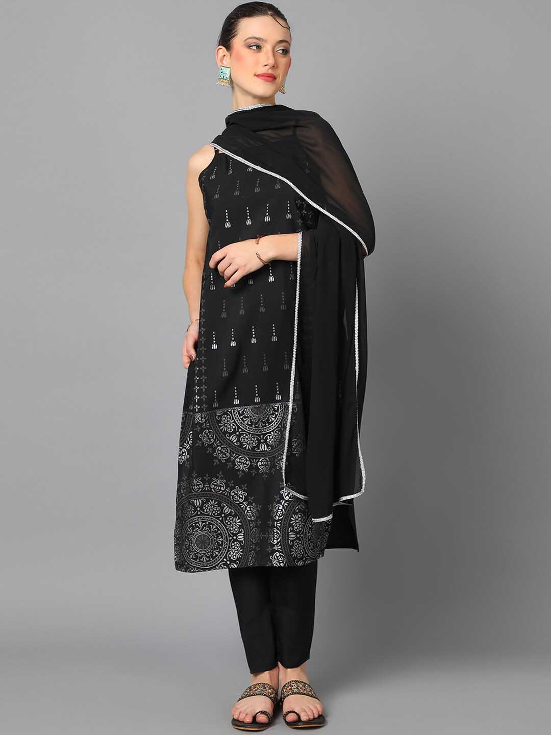 

ZIYAA Ethnic Motifs Printed Regular Kurta With Trousers & Dupatta, Black