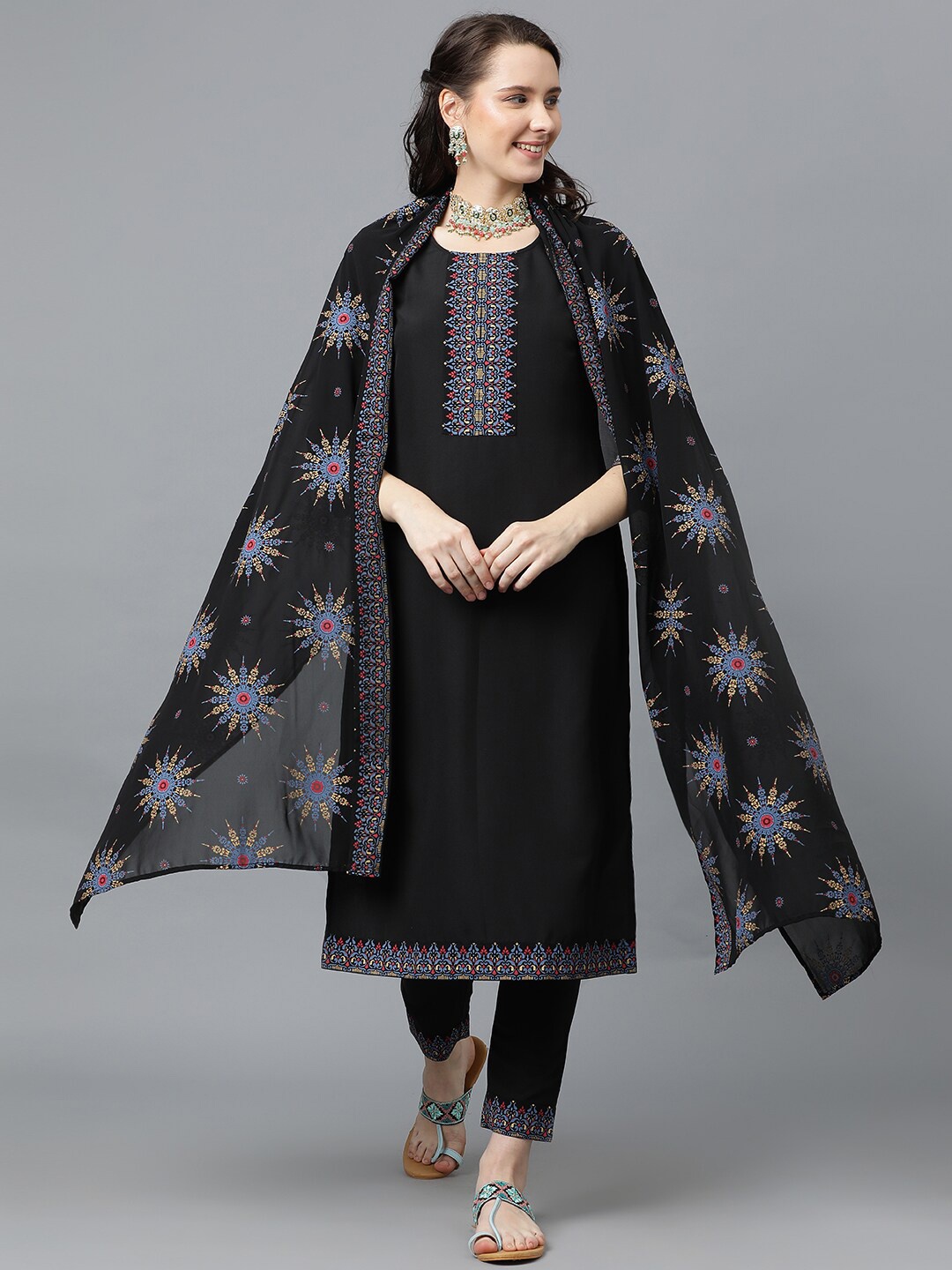 

ZIYAA Black Ethnic Motifs Yoke Design Straight Kurta & Trousers With Dupatta
