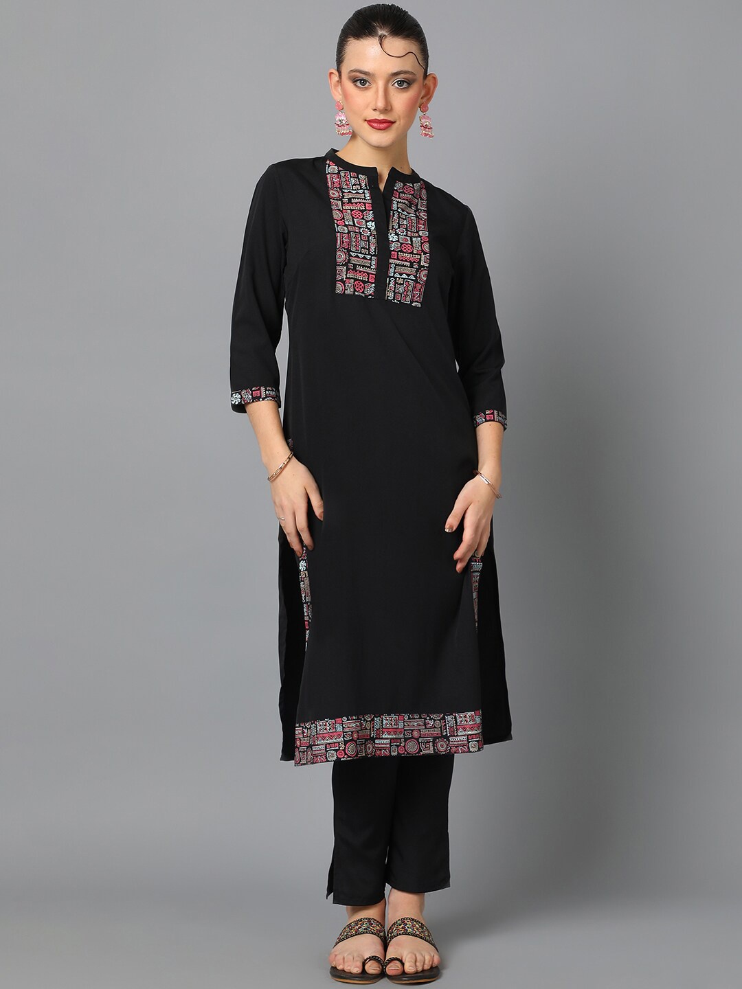 

ZIYAA Black Ethnic Yoke Design Mandarin Collar Regular Kurta with Trousers