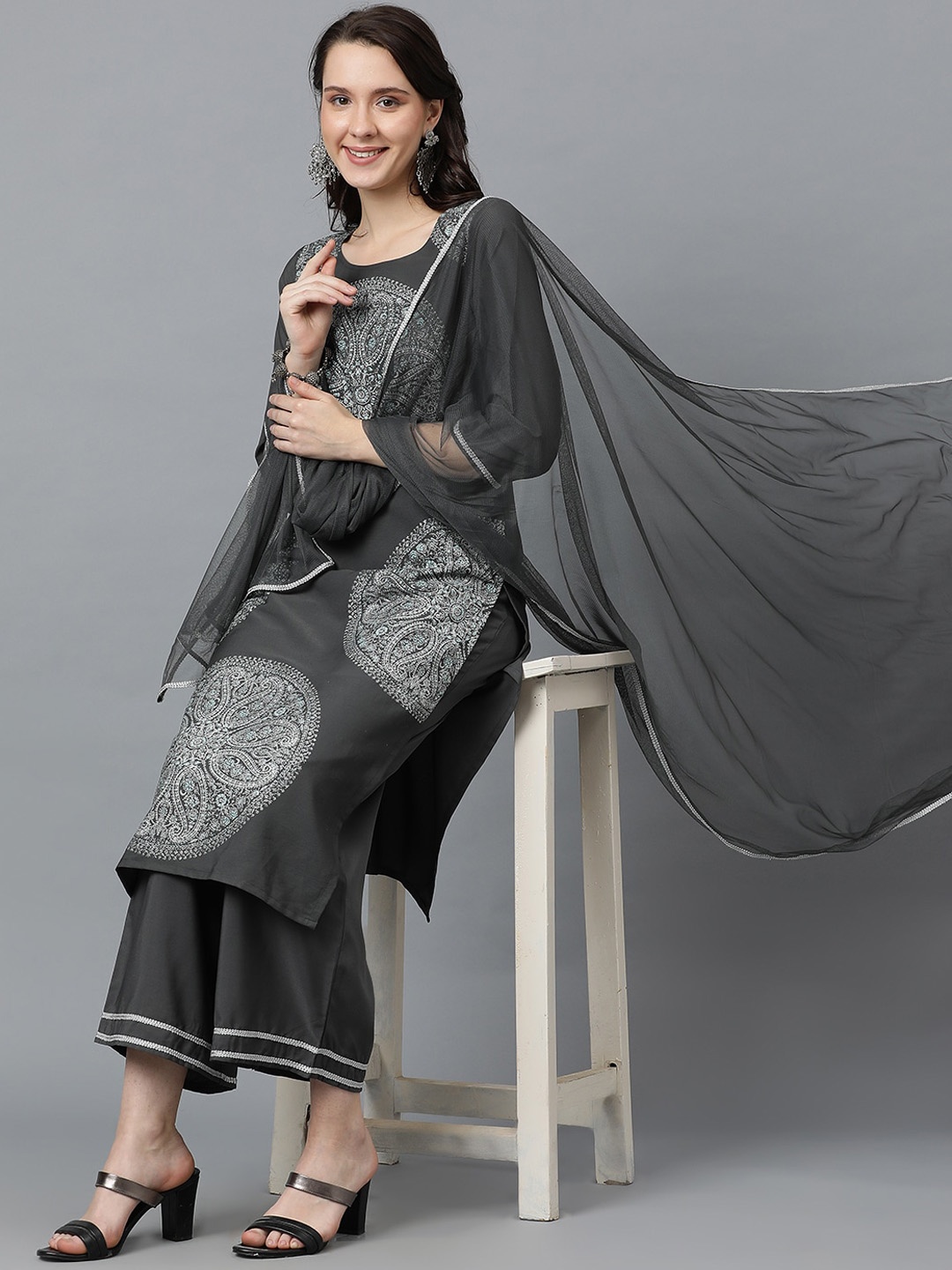 

ZIYAA Grey Ethnic Motifs Printed Regular Kurta with Palazzos & Dupatta