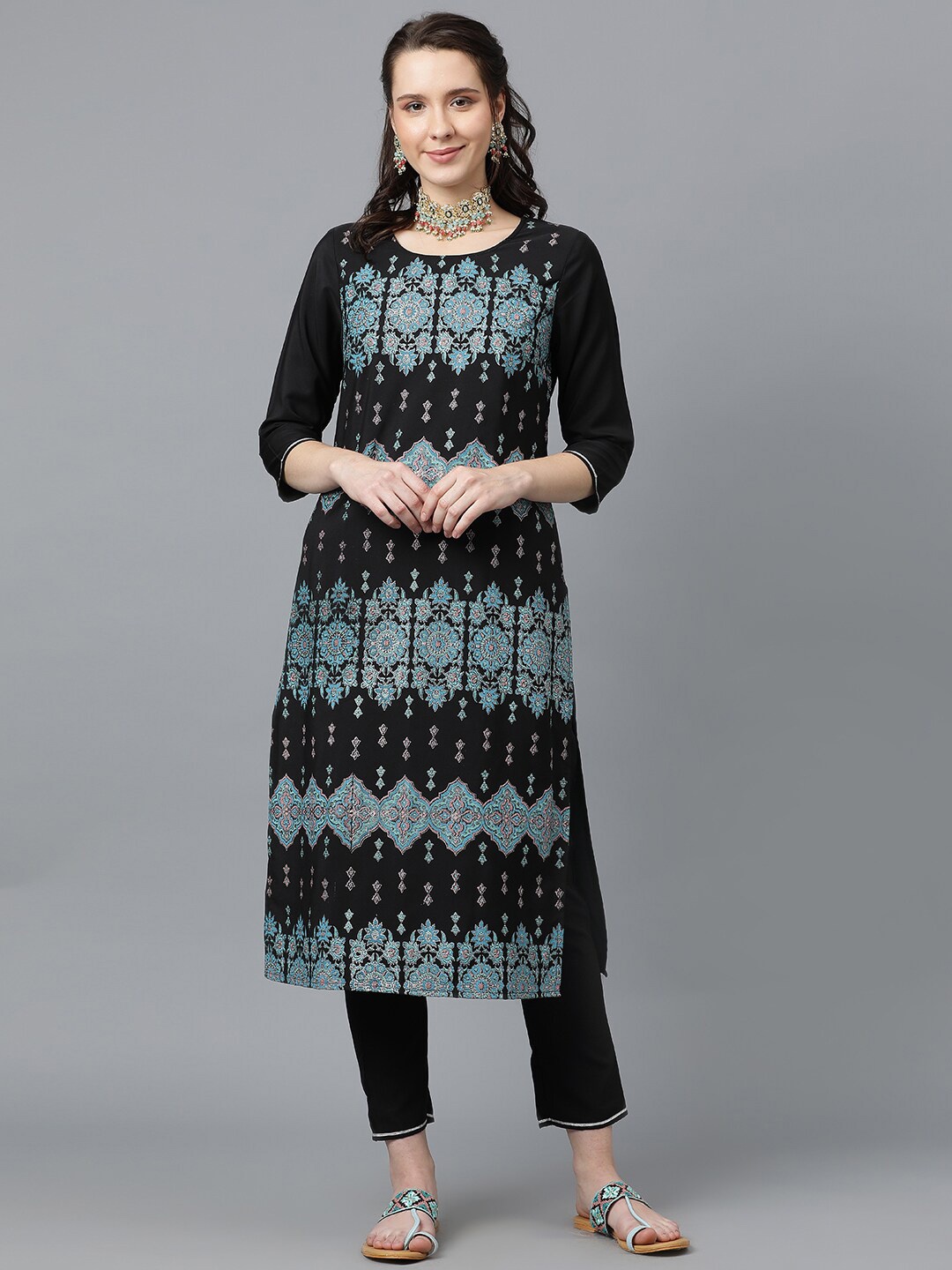 

ZIYAA Black Ethnic Motifs Printed Regular Gotta Patti Kurta with Trousers