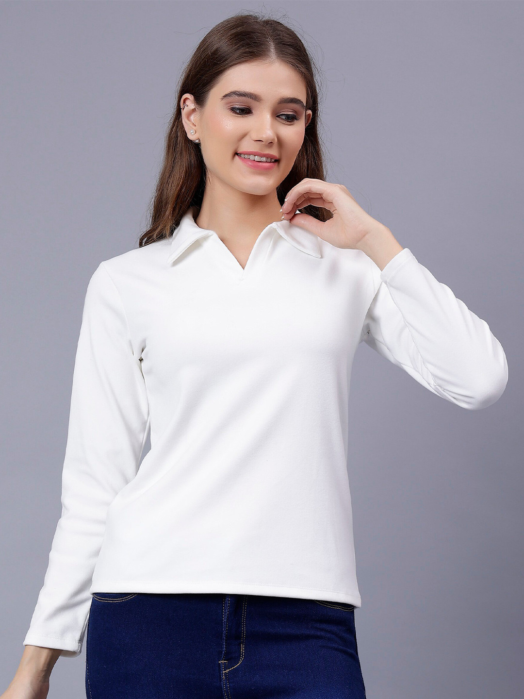 

Steele Shirt Collar Long Sleeves Woolen Regular Top, White