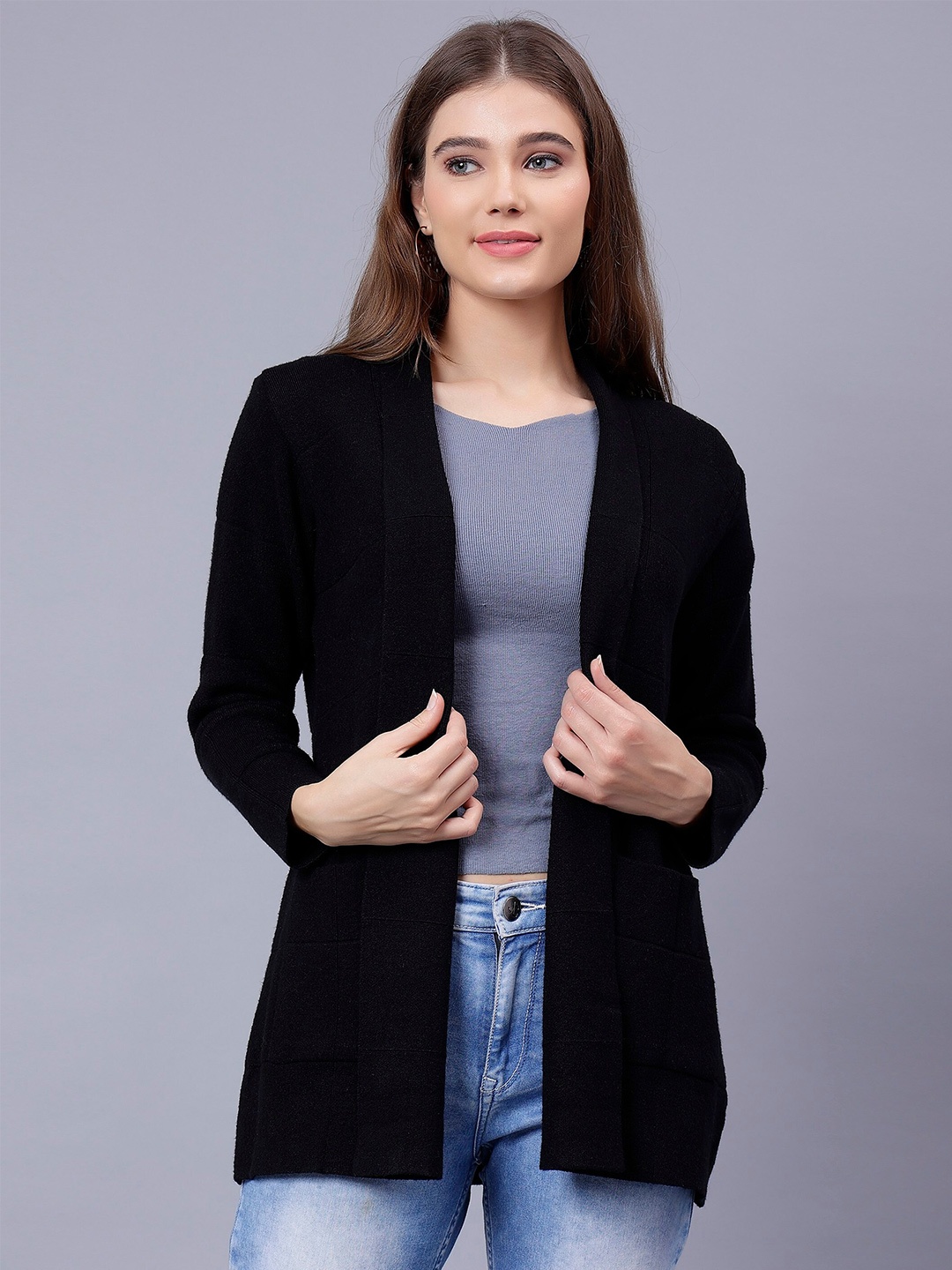 

Albion Shawl Collar Woolen Longline Front-Open Sweater, Black