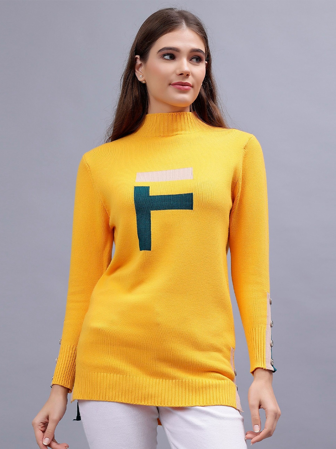 

Steele Typography Printed Turtle Neck Ribbed Woollen Longline Pullover, Mustard