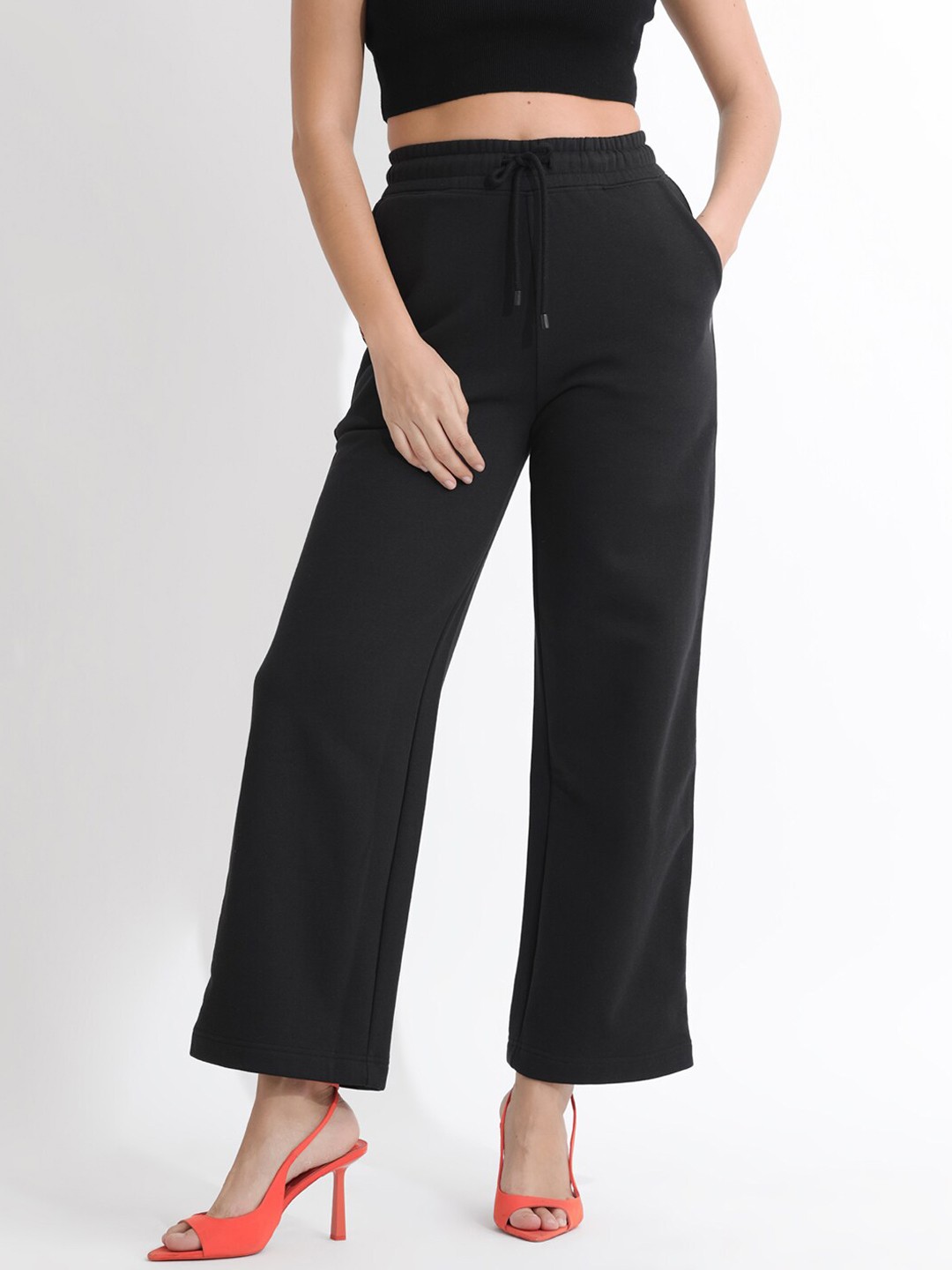 

RAREISM Women Slim Fit Cotton Track Pants, Black