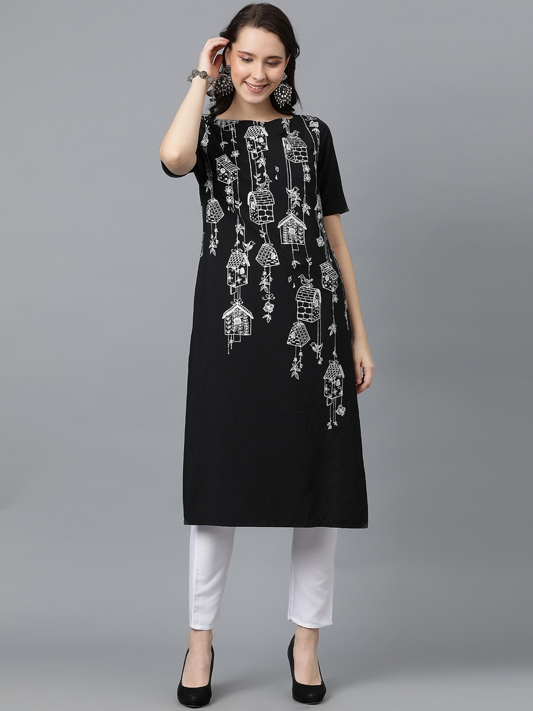 

ZIYAA Geometric Printed Boat Neck Crepe Straight Kurta, Black