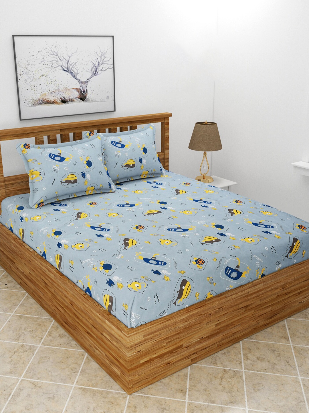 

BREVARD Blue & Yellow Printed 210 TC Fitted Queen Bedsheet with 2 Pillow Covers
