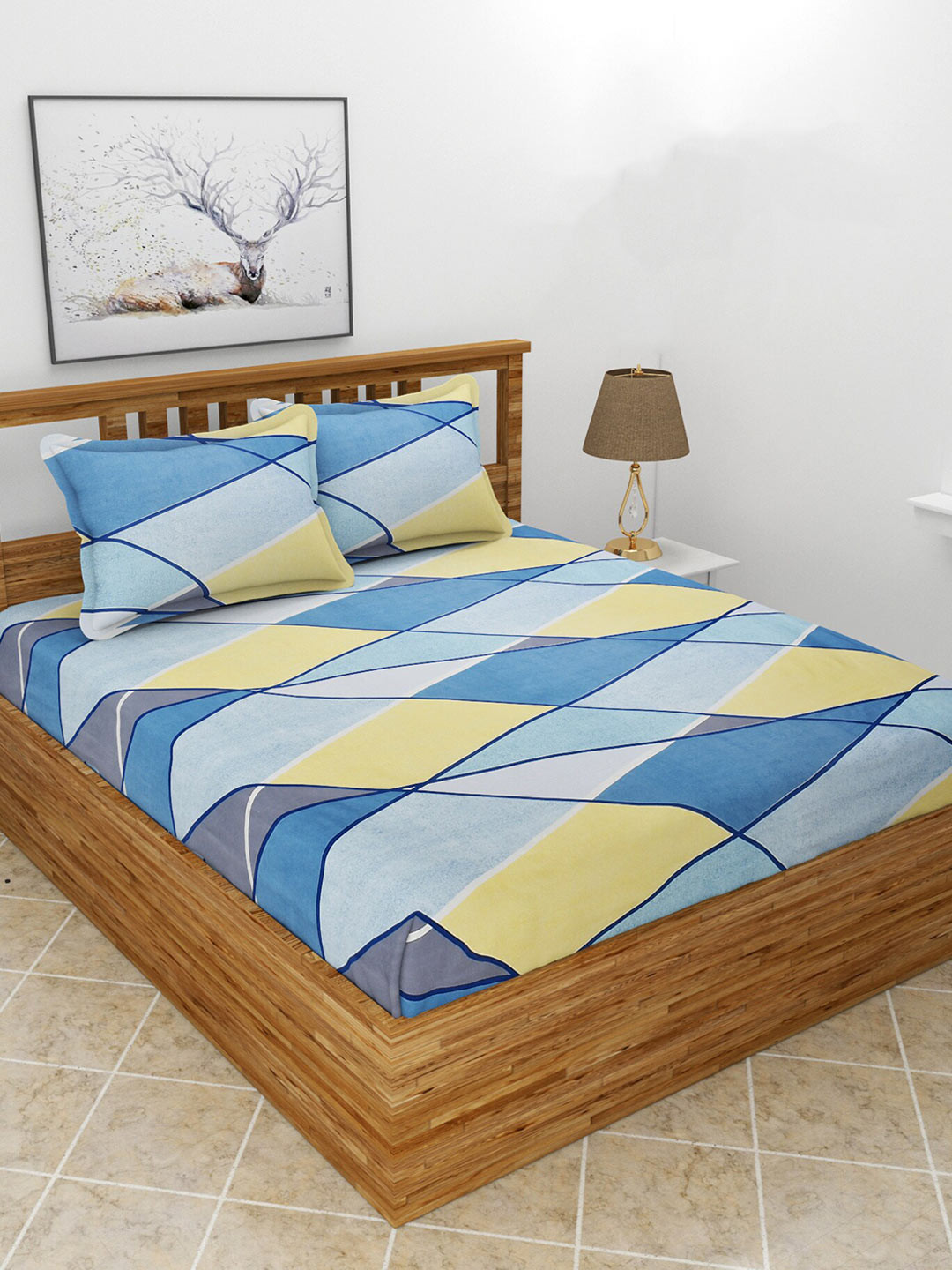 

BREVARD Blue & Yellow Printed 180 TC Fitted King Bedsheet with 2 Pillow Covers