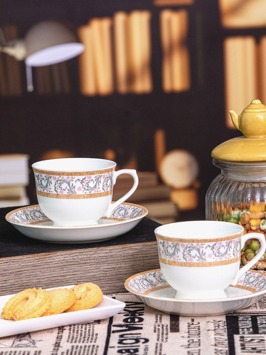 

SONAKI 12 Pcs White & Blue Floral Printed Bone China Glossy Cups and Saucers - 180 ML Each