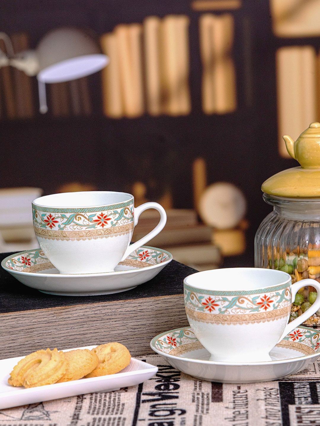 

SONAKI White 12 pieces Floral Printed Bone China Glossy Cups and Saucers 180ml each