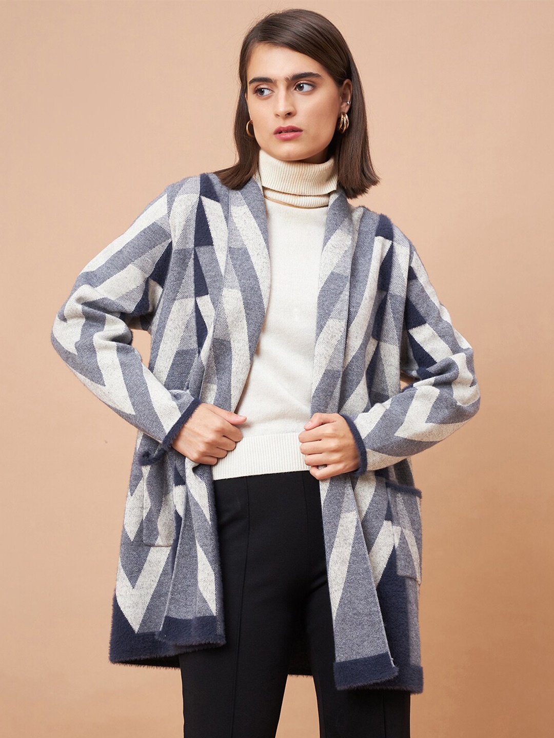 

Gipsy Printed Longline Open Front Shrug, Navy blue