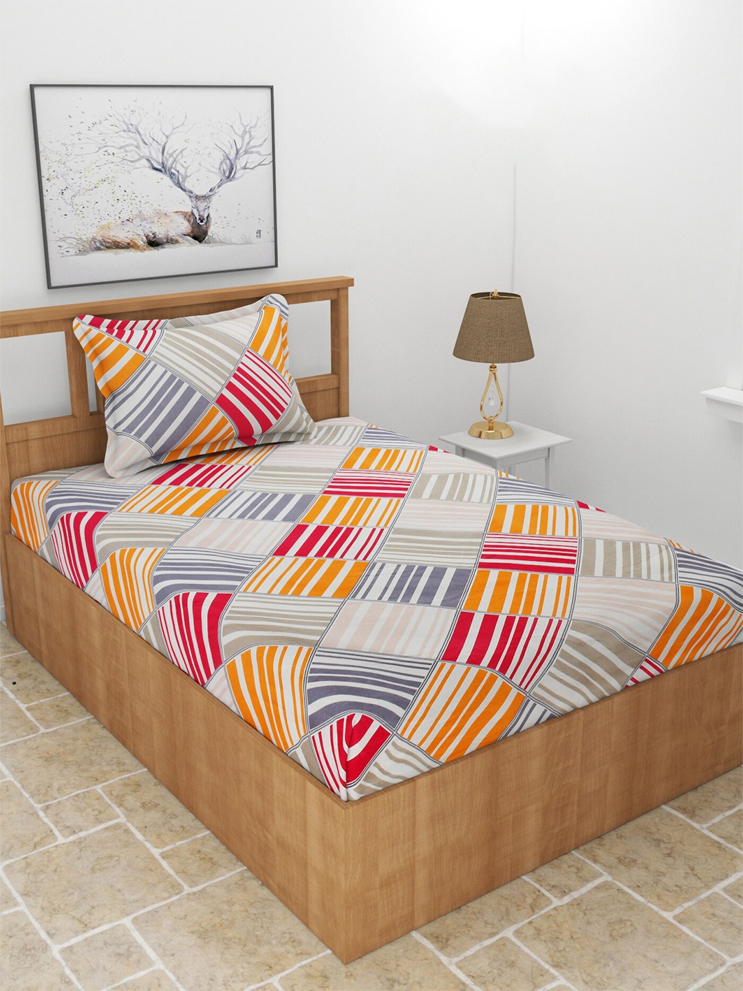 

BREVARD Grey & Orange Geometric 180 TC Fitted Single Bedsheet with 1 Pillow Cover