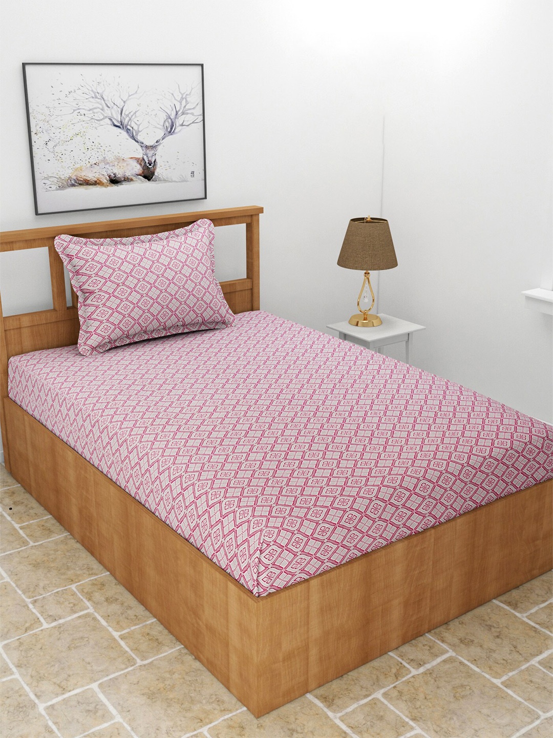 

BREVARD Pink & Grey Ethnic Motifs Cotton 210 TC Fitted Single Bedsheet With 1 Pillow Cover