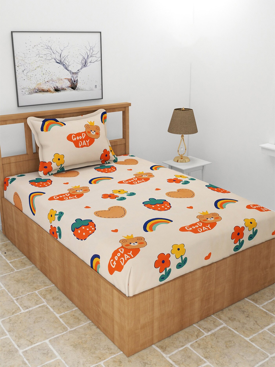 

BREVARD Pink & Orange Cartoon Characters 180 TC Fitted Single Bedsheet with 1 Pillow Cover