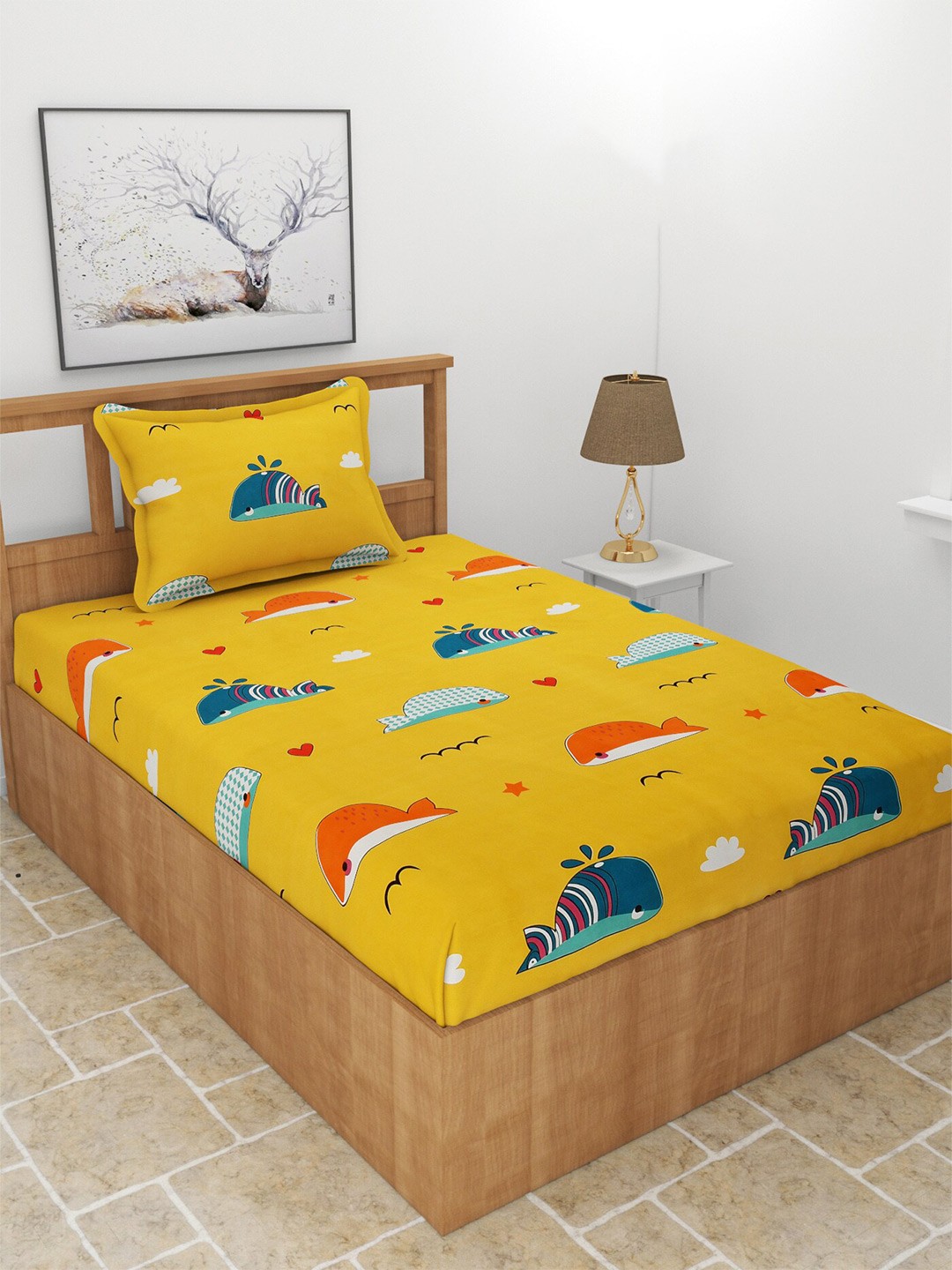 

BREVARD Yellow & Blue Graphic 210 TC Fitted Single Bedsheet with 1 Pillow Cover