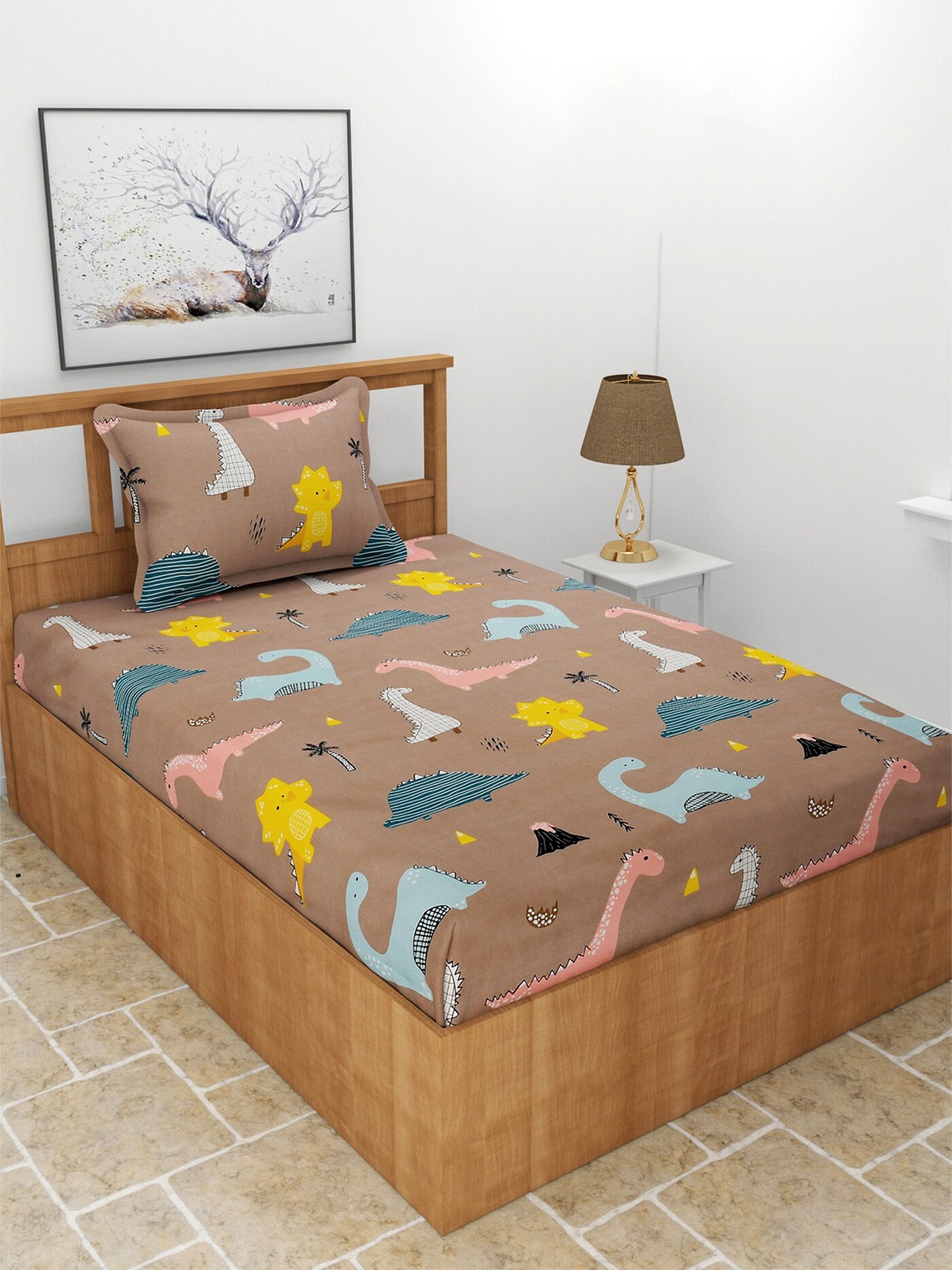 

BREVARD Brown & Blue Conversational 180 TC Single Fitted Bedsheet with 1 Pillow Cover