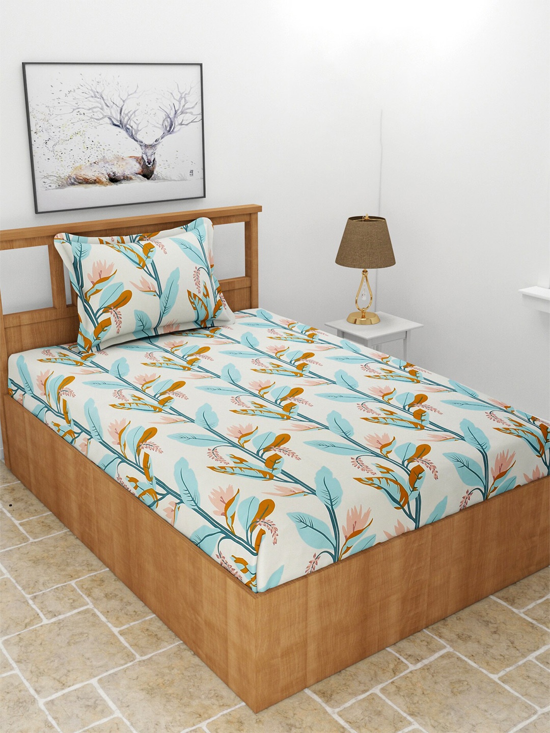 

BREVARD Off White & Blue Graphic 210 TC Fitted Single Bedsheet with 1 Pillow Cover