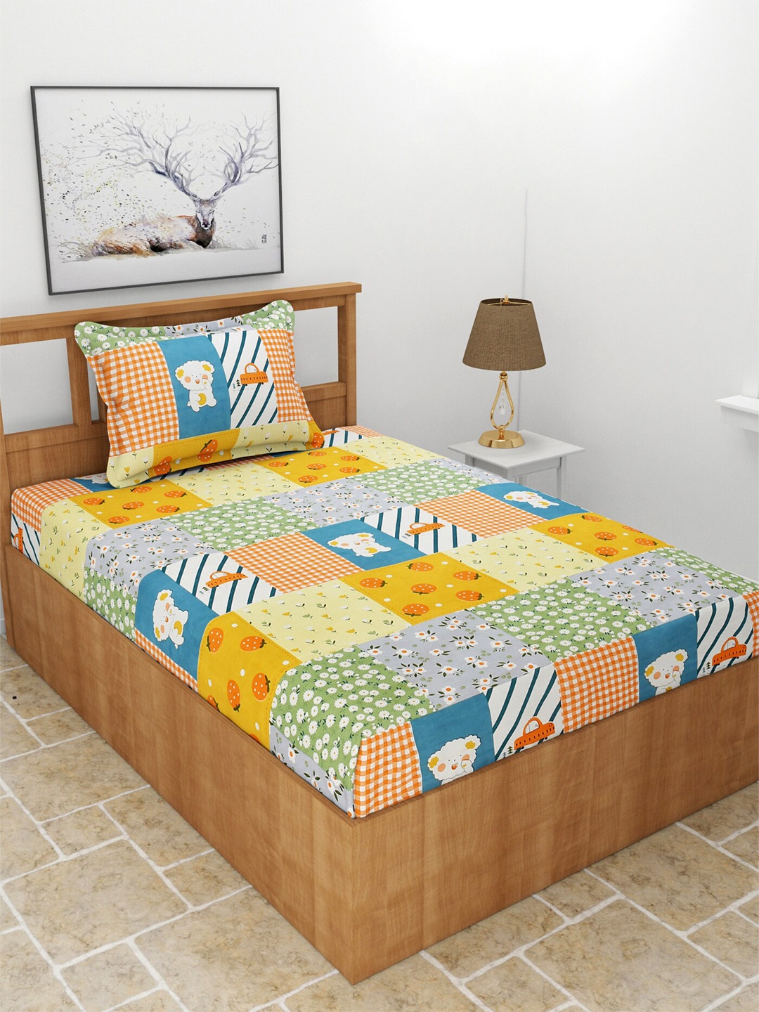 

BREVARD White & Yellow Graphic 210 TC Fitted Single Bedsheet with 1 Pillow Cover