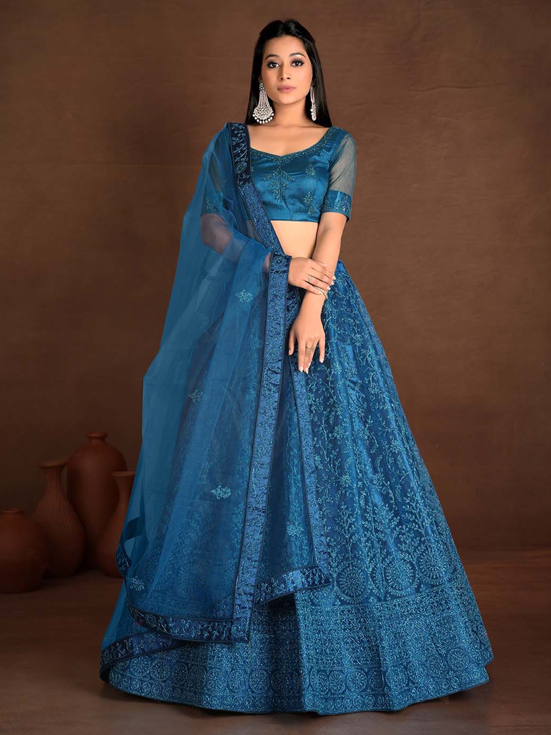 

HALFSAREE STUDIO Embroidered Net Semi Stitched Lehenga & Unstitched Blouse With Dupatta, Teal