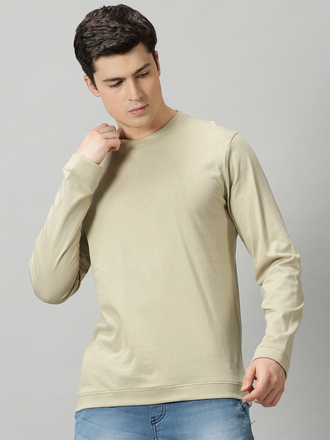 

THE HOLLANDER Round Neck Long Sleeves Pure Cotton T-shirt, Beige