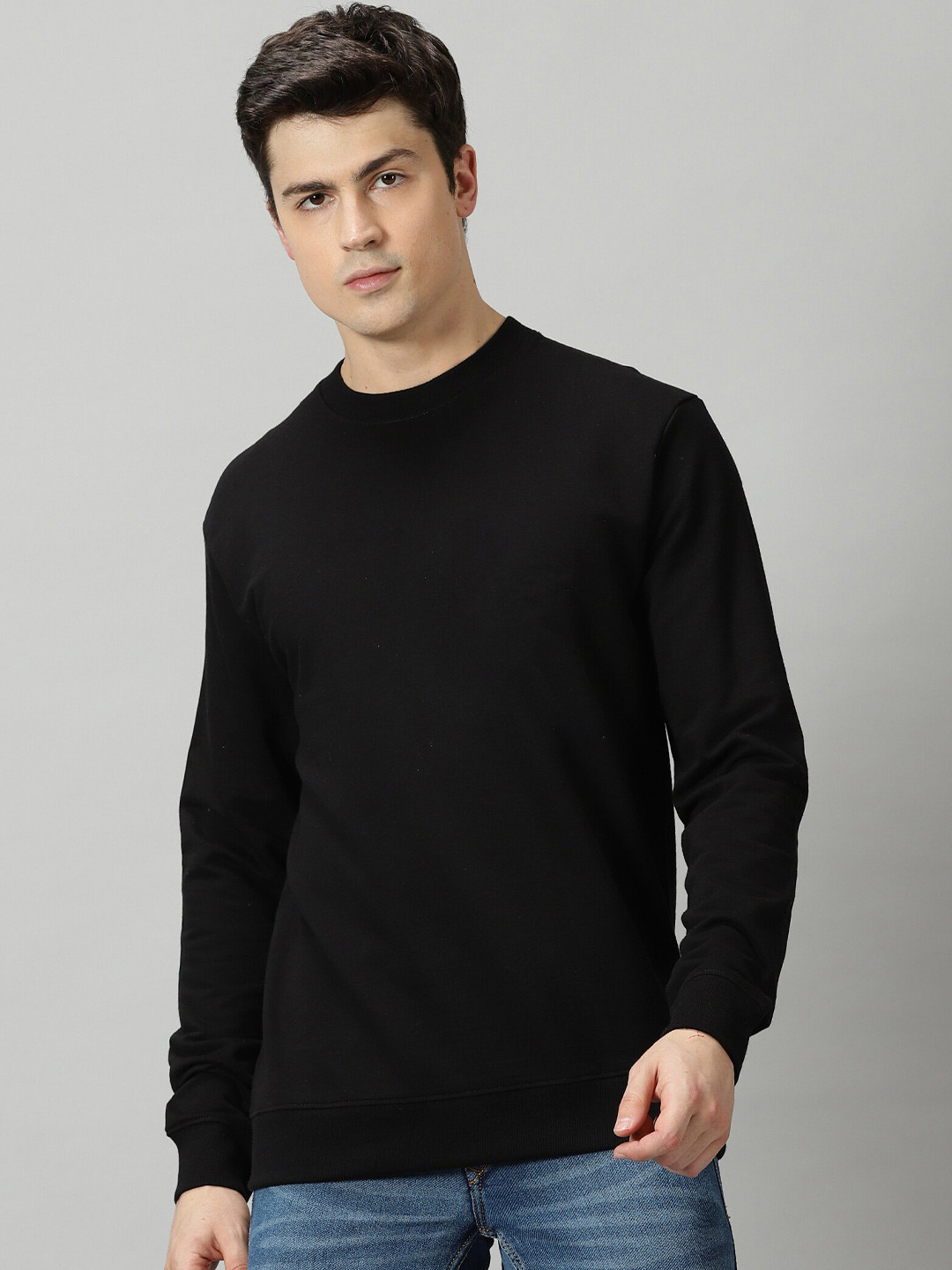 

THE HOLLANDER Round Neck Long Sleeves Pure Cotton T-shirt, Black