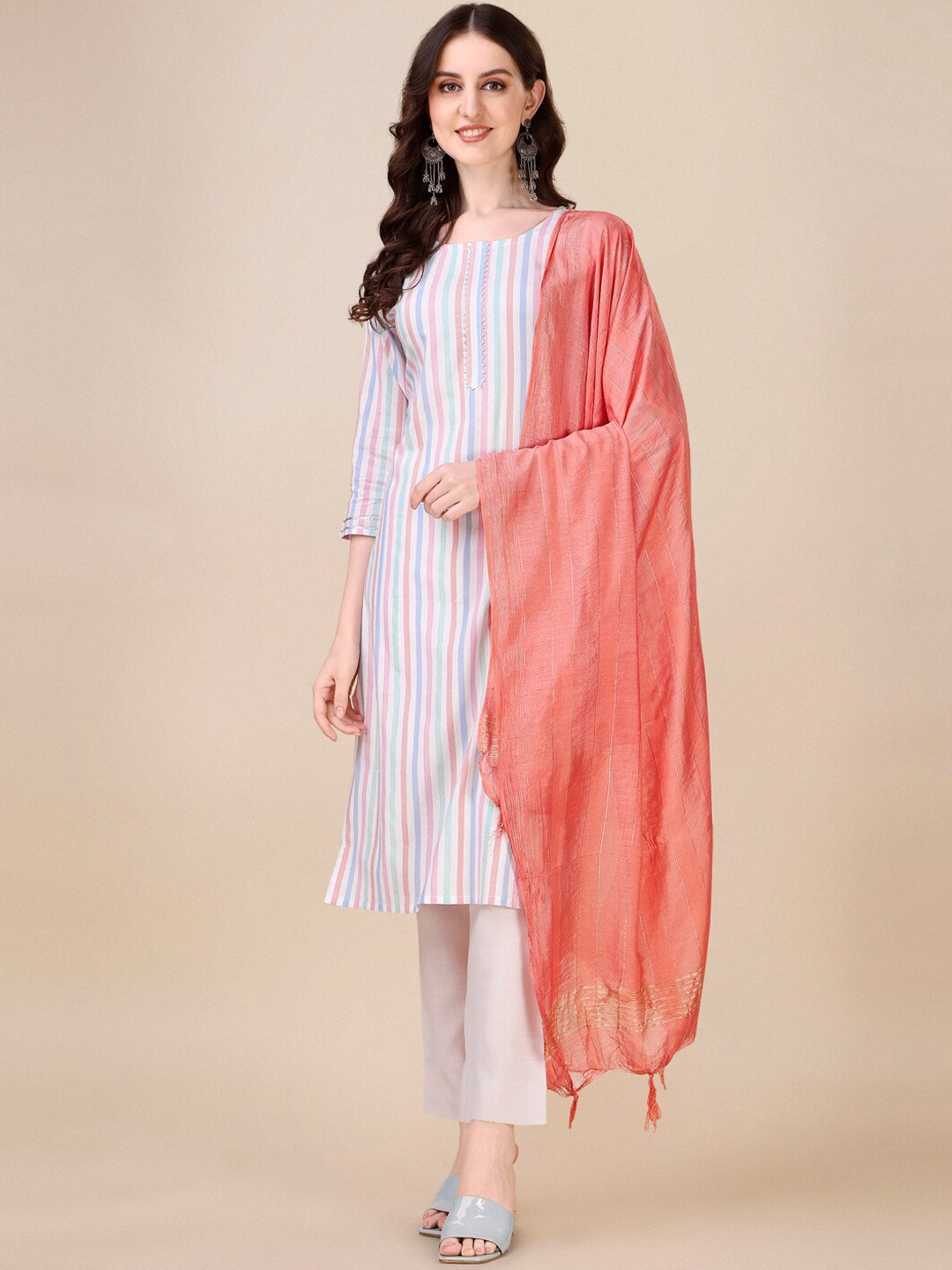 

Fashion Basket Striped Gotta Patti Kurta With Trousers & Dupatta, White