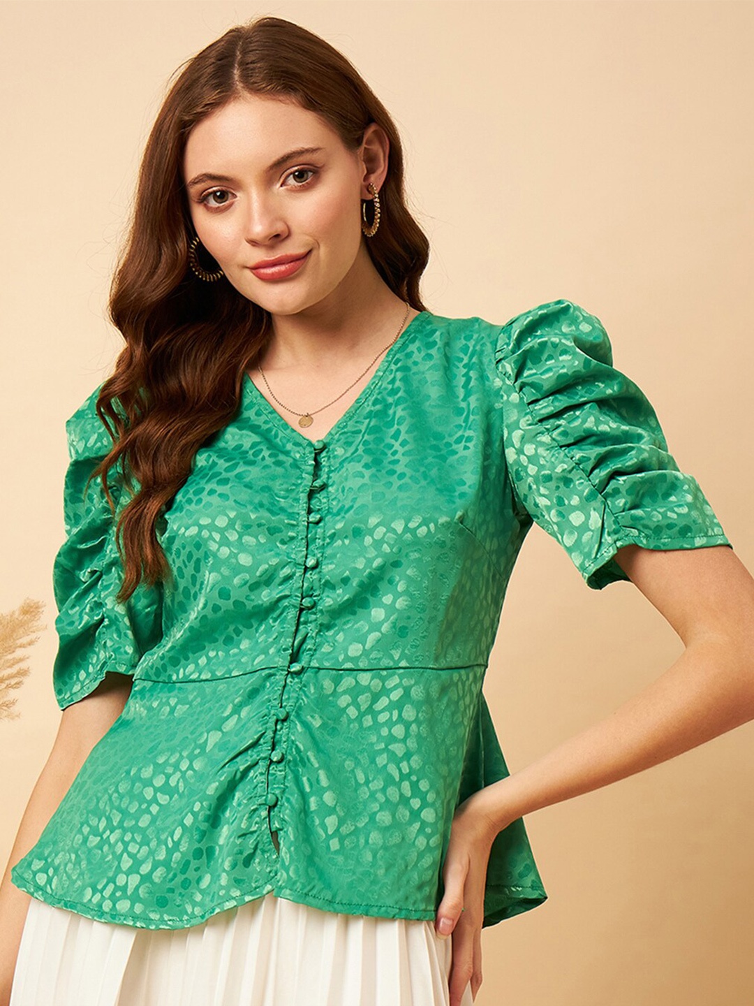 

MINT STREET Abstract Woven Design Puff Sleeve V-Neck Jacquard Satin Peplum Top, Green