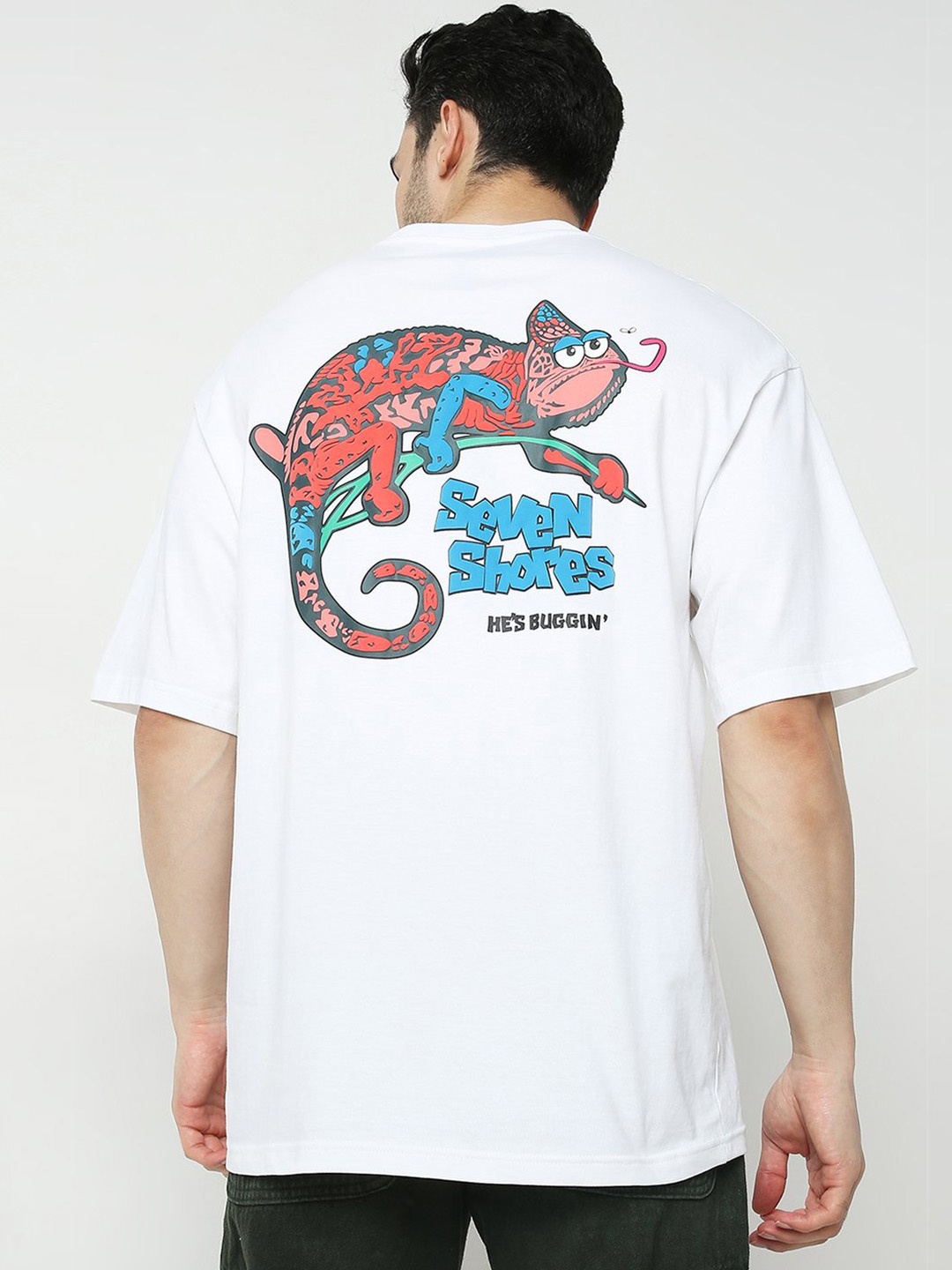 

7Shores Graphic Printed Drop-Shoulder Sleeves Cotton Oversized T-shirt, White