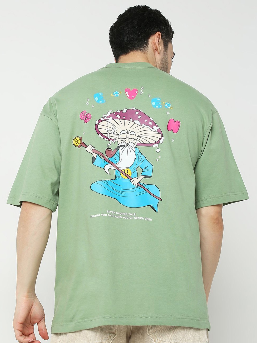 

7Shores Graphic Printed Cotton Oversized T-shirt, Green