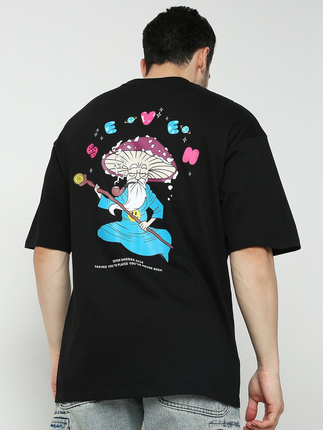 

7Shores Graphic Printed Drop-Shoulder Sleeves Cotton Oversized T-shirt, Black
