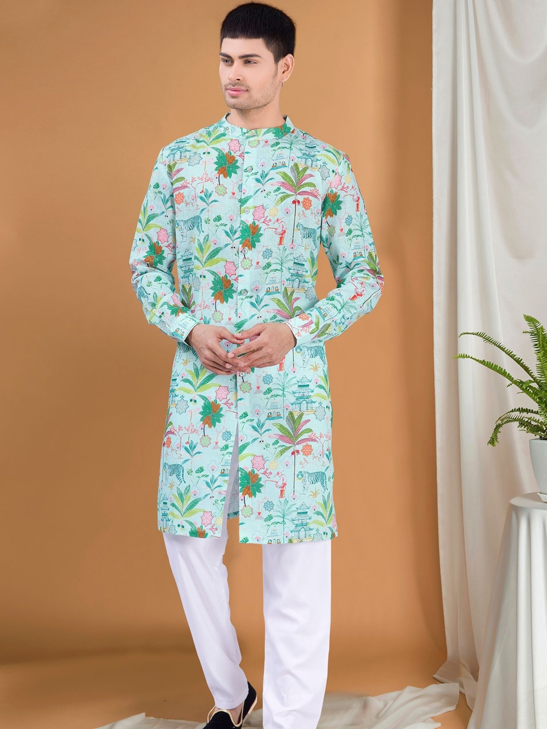 

SHIWAM ETHNIX Ethnic Motifs Printed Mandarin Collar Long Sleeves Cotton Straight Kurta, Green