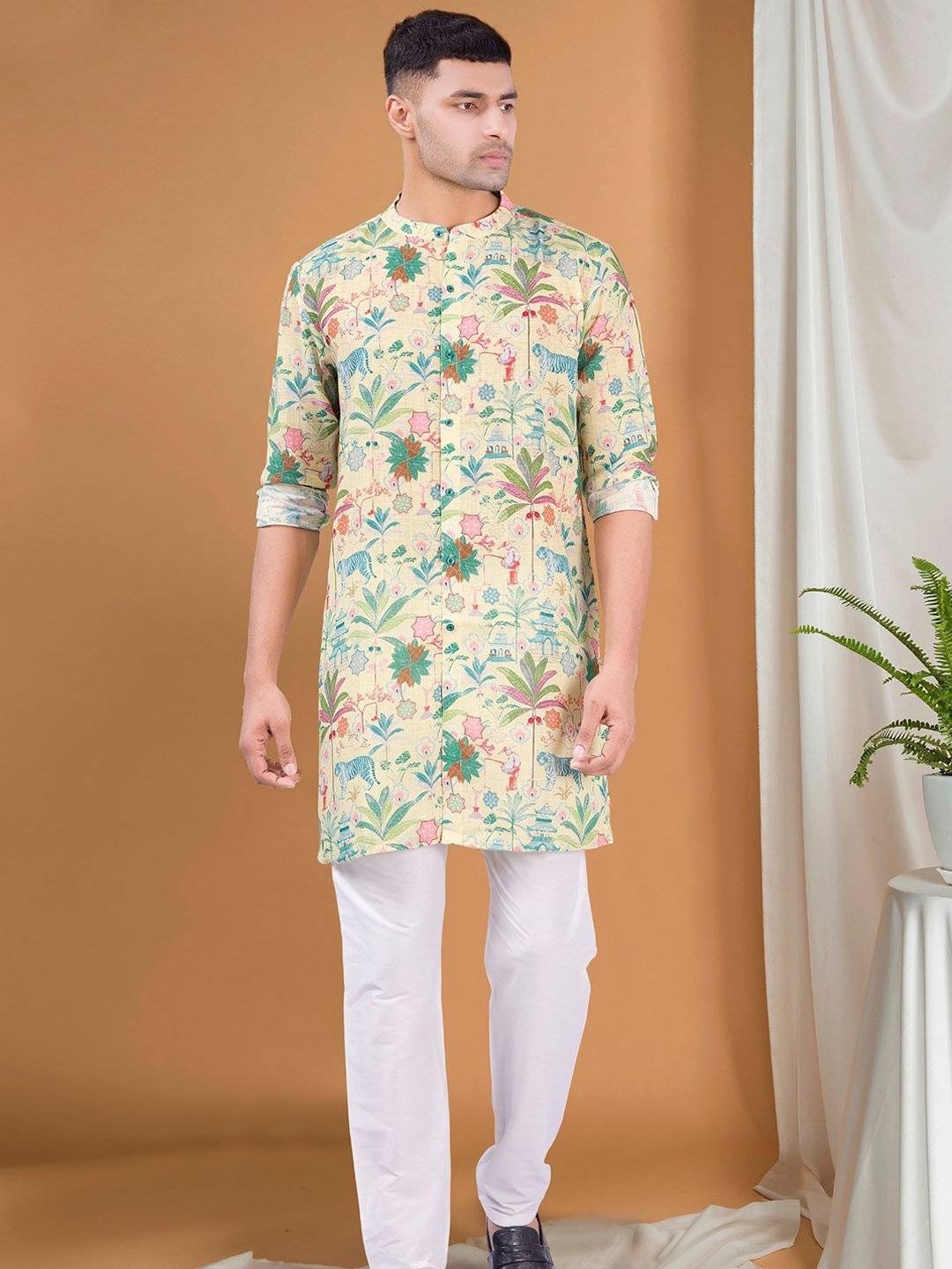 

SHIWAM ETHNIX Ethnic Motifs Printed Mandarin Collar Long Sleeves Cotton Straight Kurta, Yellow