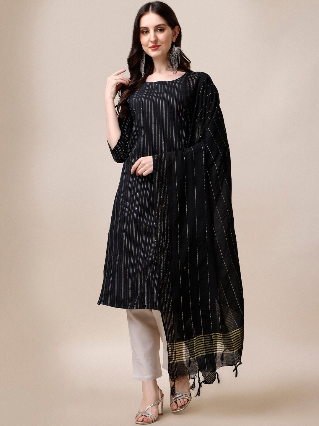 

Fashion Basket Striped Embroidered Sequinned Kurta With Trousers & Dupatta, Black
