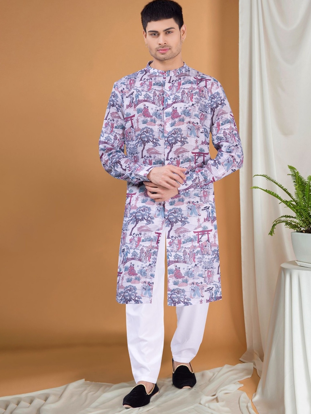 

SHIWAM ETHNIX Ethnic Motifs Printed Band Collar Regular Kurta With Pyjama, Purple