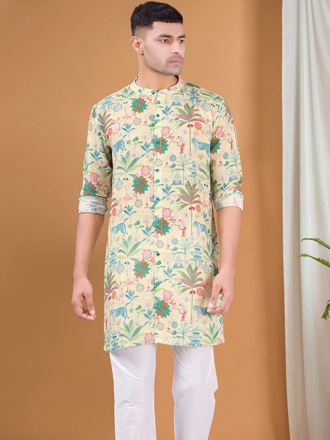 

SHIWAM ETHNIX Ethnic Motifs Printed Band Col Regular Kurta With Dhoti Pants, Yellow