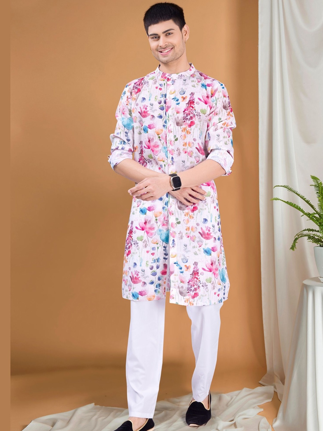

SHIWAM ETHNIX Floral Printed Band Collar Regular Kurta With Dhoti Pants, Cream