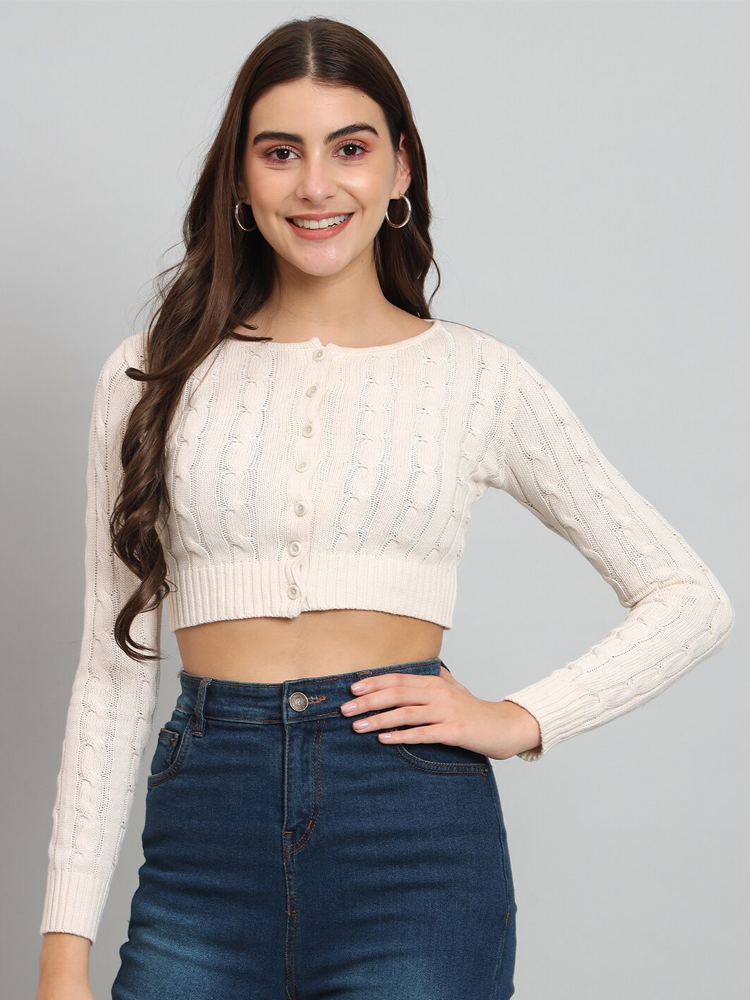 

BROOWL Cable Knit Self Design Ribbed Woollen Crop Cardigan, Off white