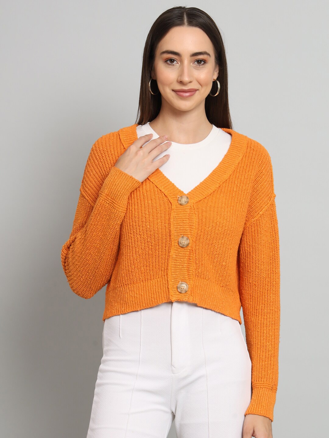 

BROOWL V-Neck Ribbed Woollen Crop Cardigan, Orange