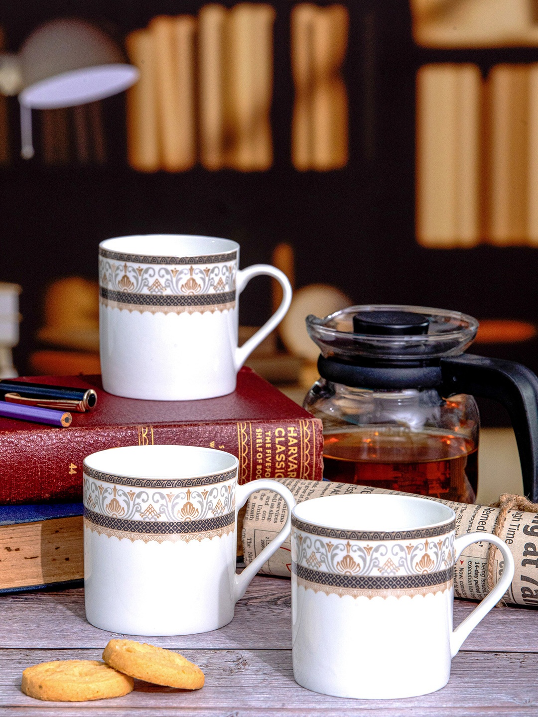 

SONAKI White & Navy Blue 6 Pcs Ethnic Motifs Printed Bone China Glossy Mugs- 210 ML Each