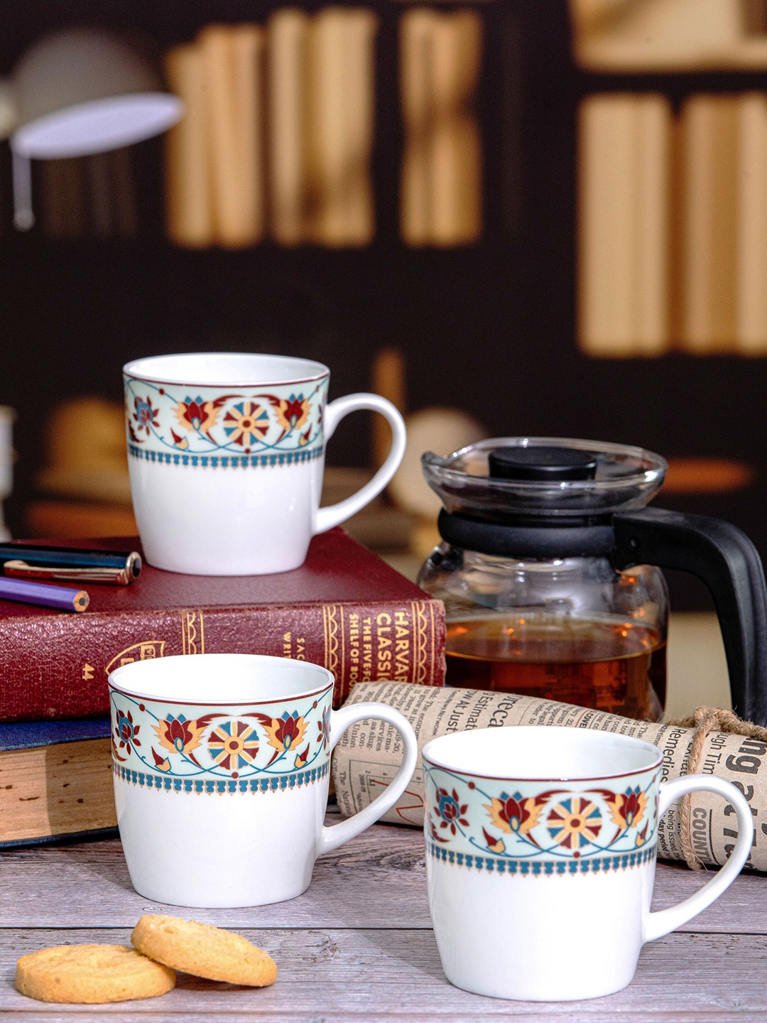 

SONAKI White & Blue 6 Pieces Floral Printed Bone China Glossy Coffee Mugs 200 ml