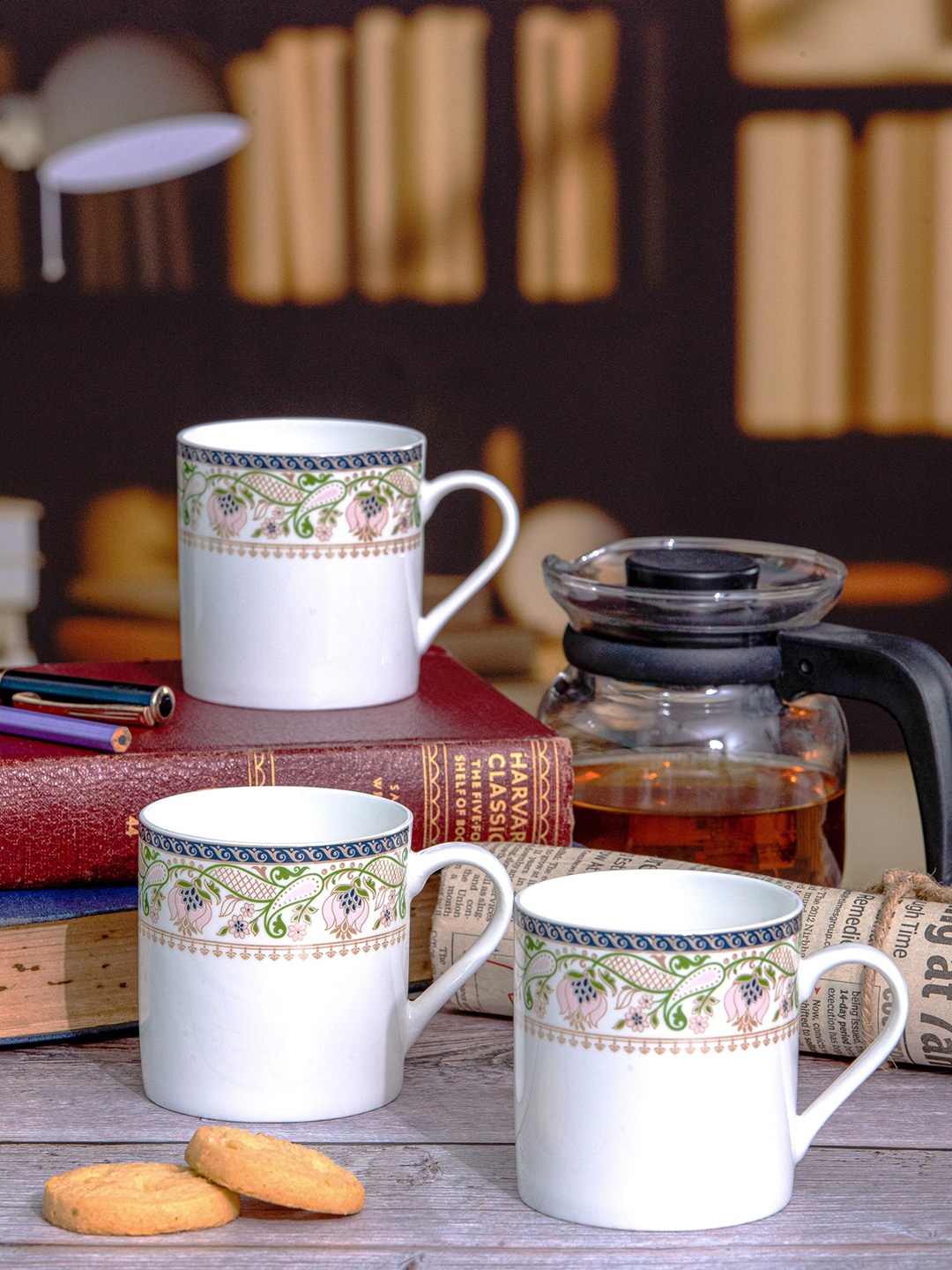 

SONAKI White & Blue 6 Pieces Floral Printed Bone China Glossy Mugs- 210 ML Each