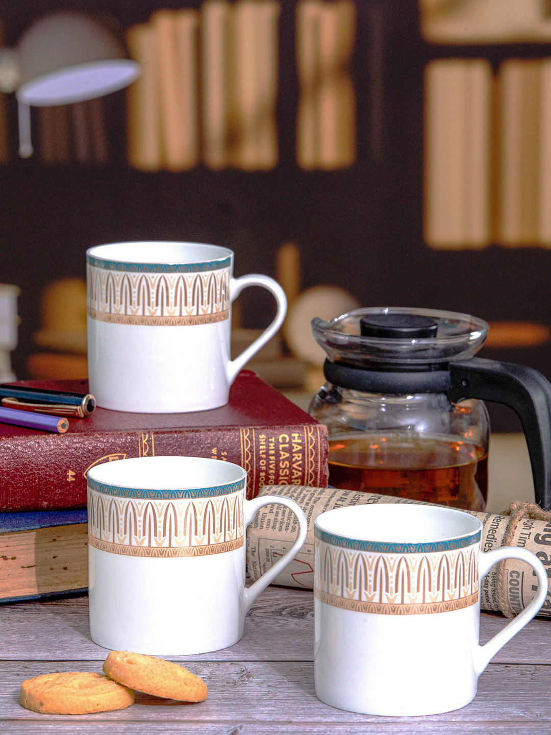 

SONAKI White & Gold-Toned 6 Pieces ethnic motifs Bone China Glossy Cups 210ml each