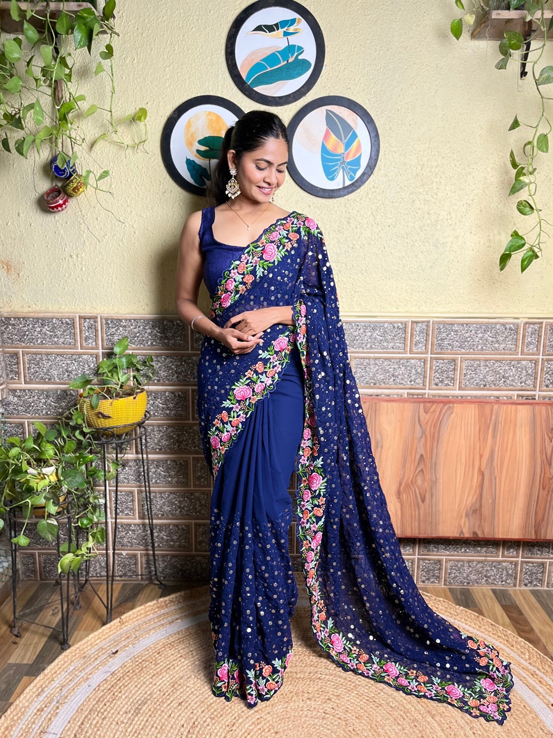 Mitera Navy Blue & Pink Floral Embroidered Georgette Saree