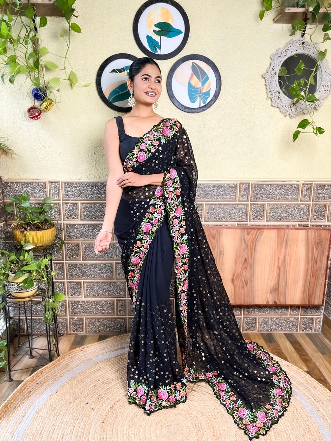 Mitera Black & Pink Floral Sequinned Saree