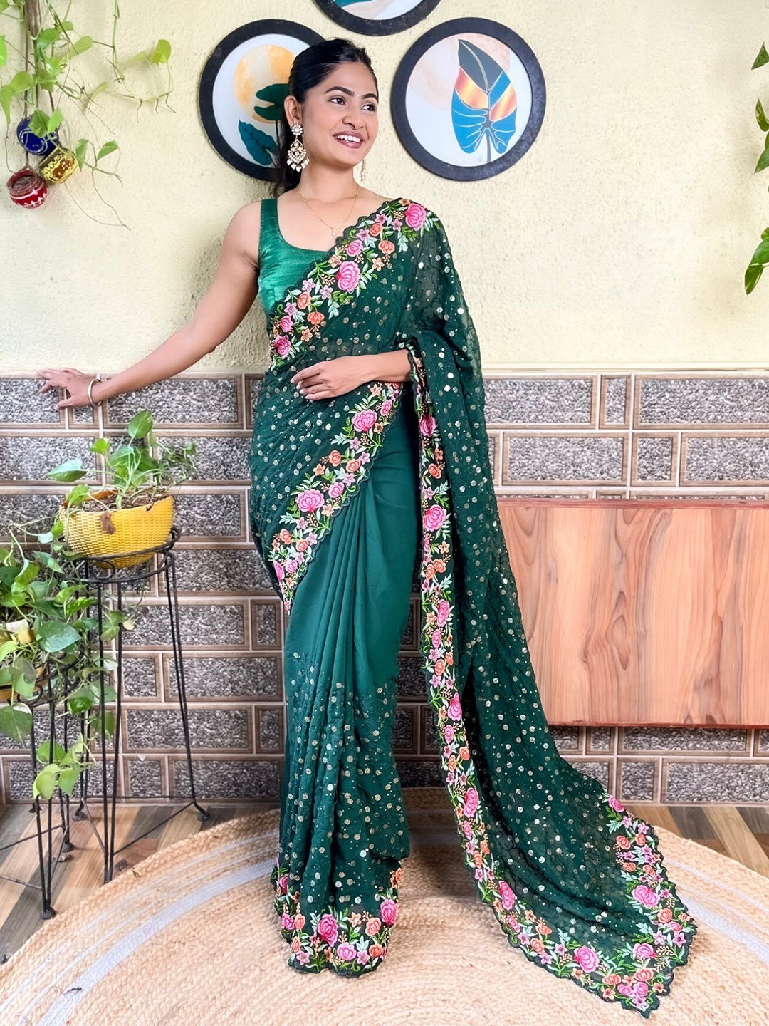 

Mitera Green & Pink Floral Sequinned Saree