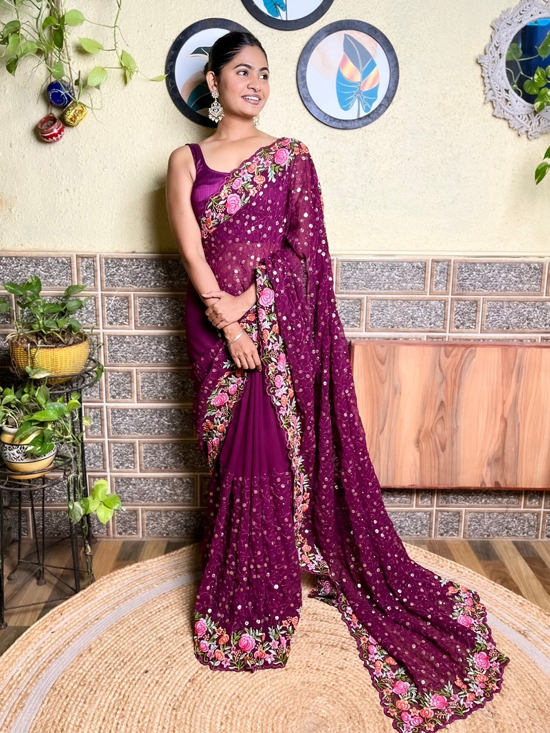 Mitera Purple & Green Floral Sequinned Saree