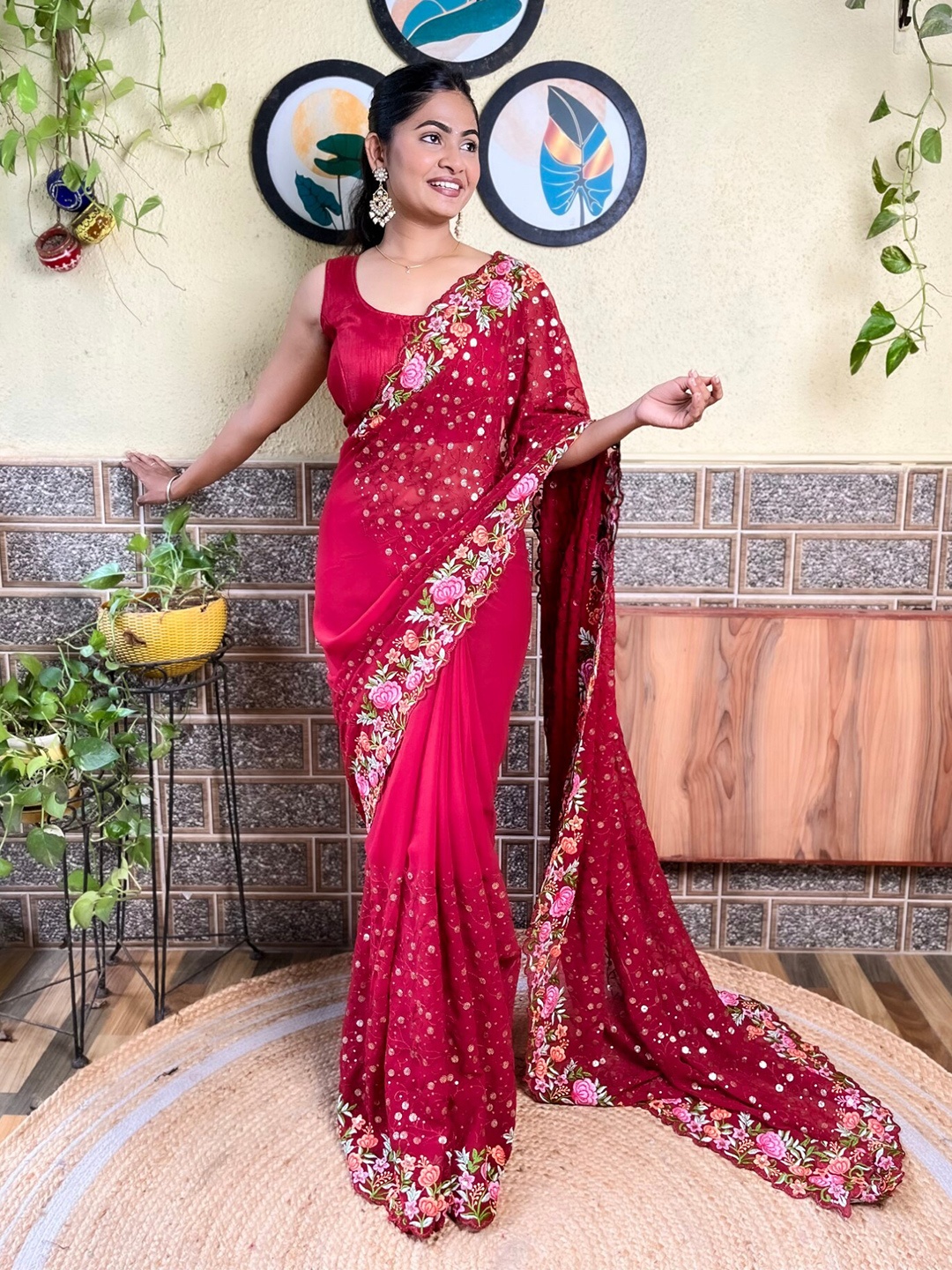 

Mitera Red & Green Floral Sequinned Saree