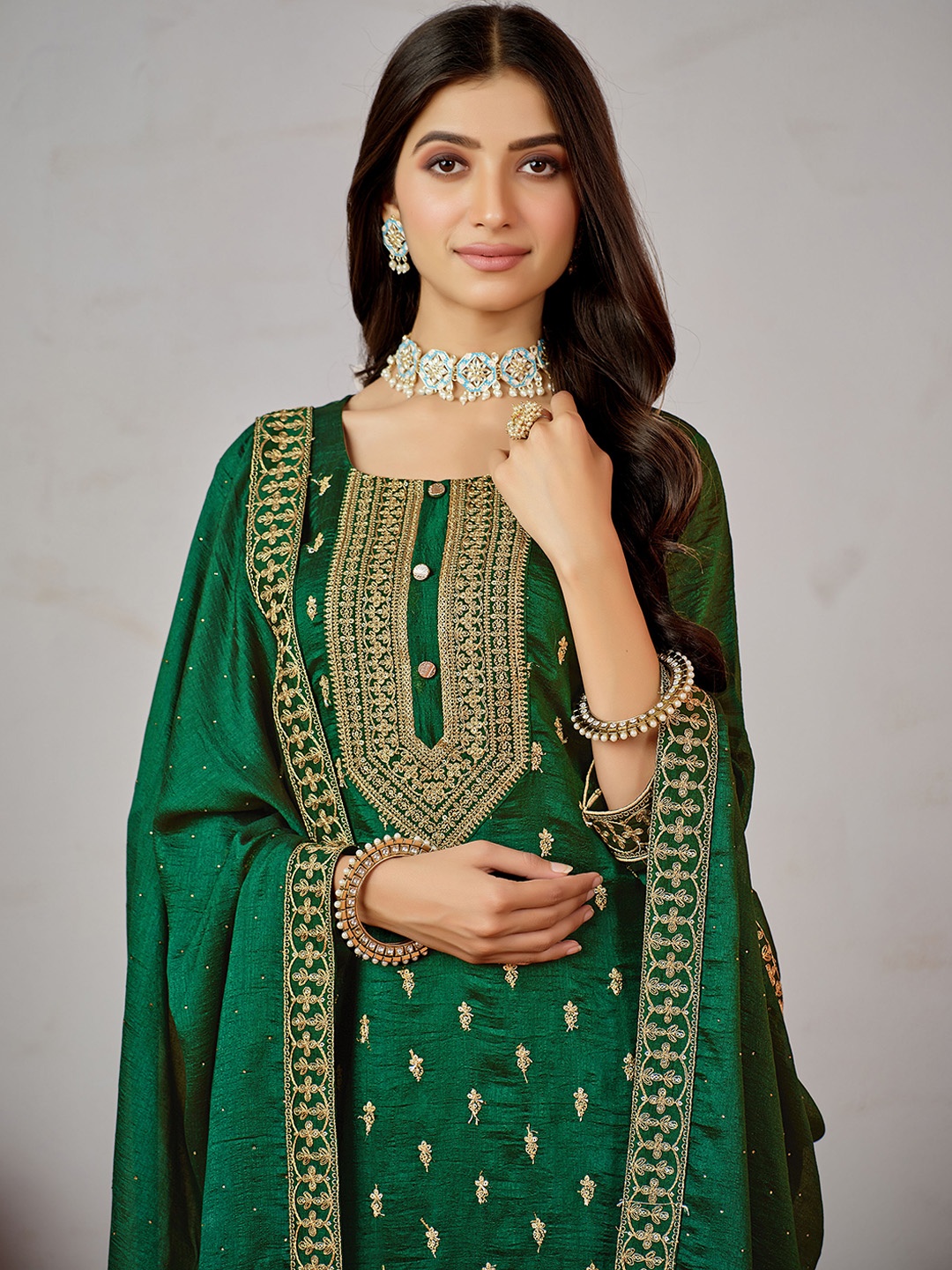 

Sangria Green Ethnic Motifs Embroidered Kurta with Churidar & Dupatta