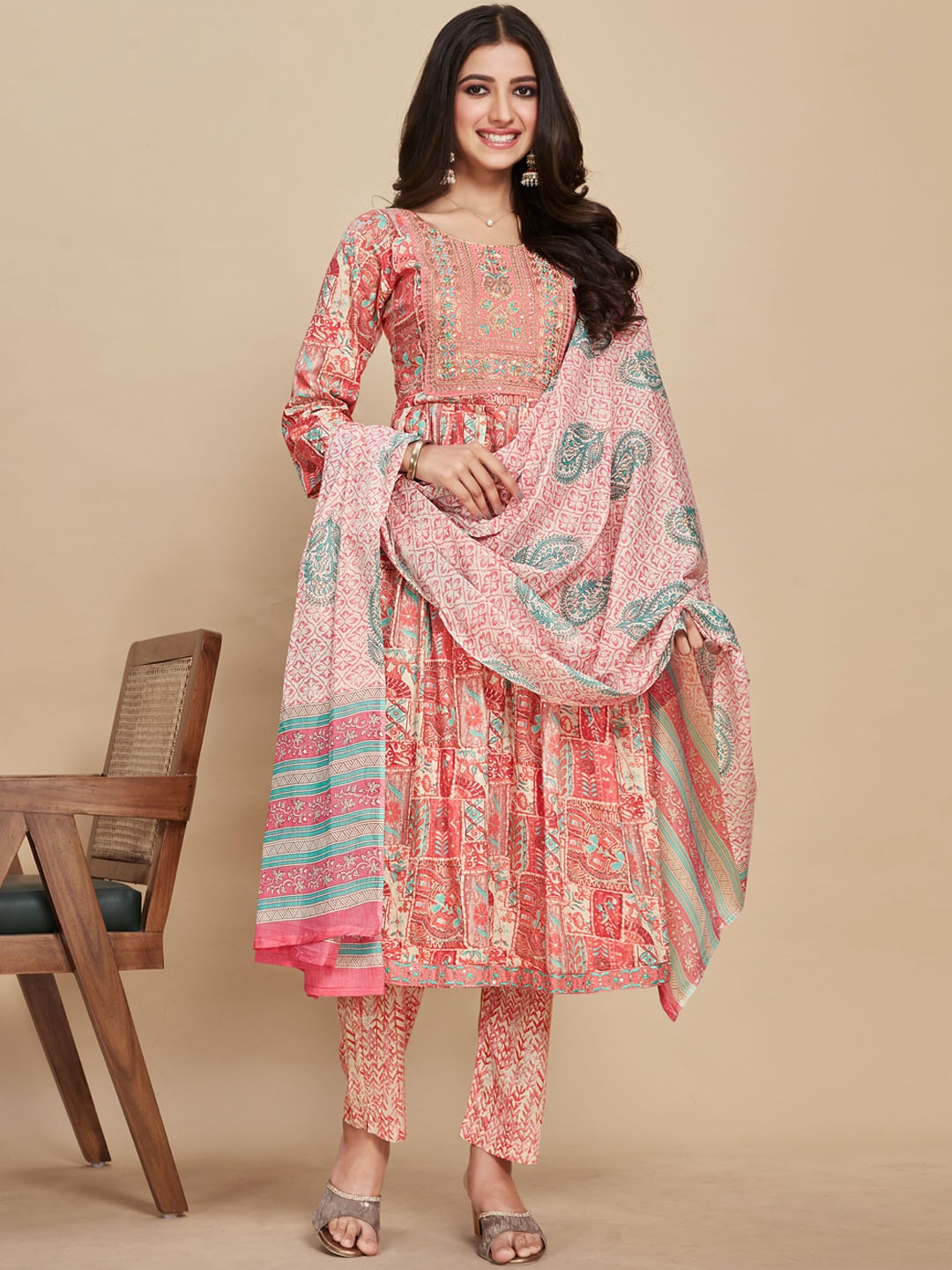 

Sangria Peach-Coloured Ethnic Motifs Printed Pure Cotton Kurta with Trousers & Dupatta