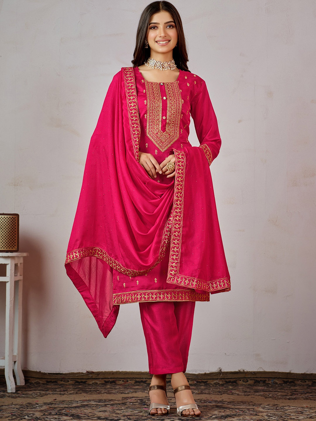 

Sangria Pink Ethnic Motifs Embroidered Kurta with Churidar & Dupatta